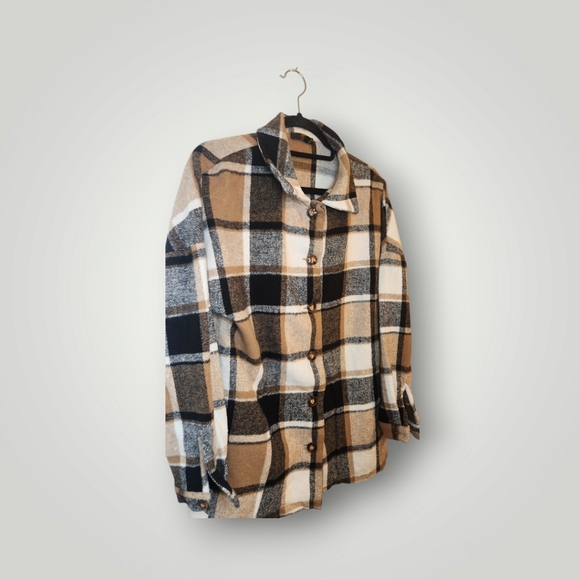 Pretty garden Plaid Flannel Shacket Women Large Brown Button Up Oversize… - Picture 5 of 15